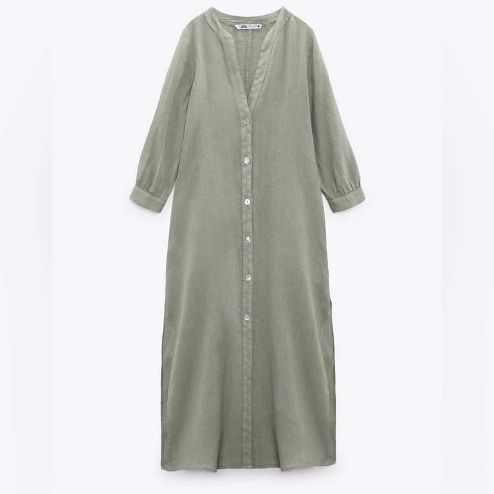 Zara 100% Linen Dress Pockets Khaki - Picture 8 of 11